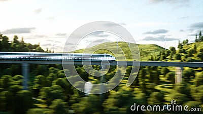 Futuristic, modern Maglev train passing on mono rail. Ecological future concept. Aerial nature view. 3d rendering. Stock Photo