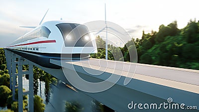 Futuristic, modern Maglev train passing on mono rail. Ecological future concept. Aerial nature view. 3d rendering. Stock Photo