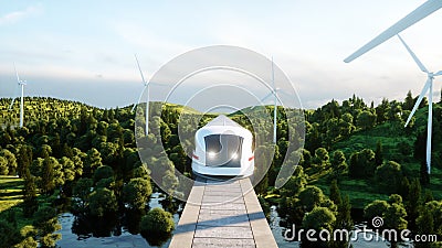 Futuristic, modern Maglev train passing on mono rail. Ecological future concept. Aerial nature view. 3d rendering. Stock Photo