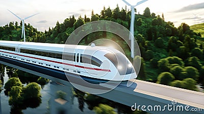 Futuristic, modern Maglev train passing on mono rail. Ecological future concept. Aerial nature view. 3d rendering. Stock Photo