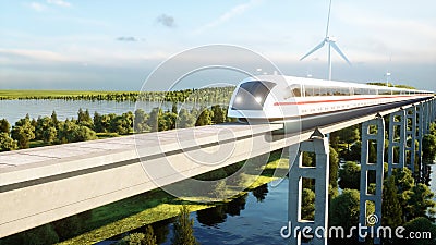 Futuristic, modern Maglev train passing on mono rail. Ecological future concept. Aerial nature view. 3d rendering. Stock Photo