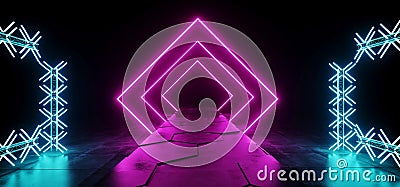 Futuristic Modern Sci Fi Club Dance Stage Construction Neon Glowing Rectangle Shaped Purple Pink Blue Laser Stage Lights On Dark Stock Photo