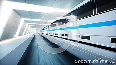 Futuristic modern train, monorail fast driving in sci fi tunnel, coridor. Concept of future. 3d rendering. Stock Photo