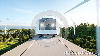 Futuristic, modern train passing on mono rail. Ecological future concept. Aerial nature view. 3d rendering. Stock Photo