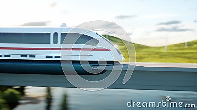 Futuristic, modern train passing on mono rail. Ecological future concept. Aerial nature view. 3d rendering. Stock Photo