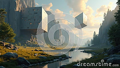 Futuristic modular havens float in serene natural setting. Mountainous landscape surrounds calm river. Floating structures square Stock Photo