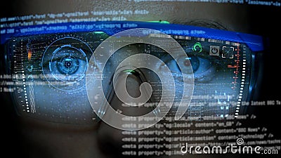 Futuristic monitor on face with code and information hologram. Eye hud animation. Future concept Stock Photo