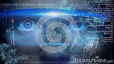 Futuristic monitor on face with code and information hologram. Eye hud animation. Future concept Stock Photo