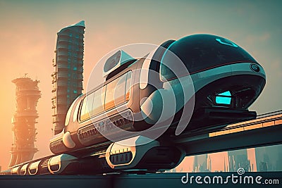 the futuristic monorail train zooms along its elevated track, a symbol of progress and innovation in the bustling city. Generative Stock Photo