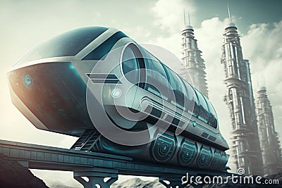 the futuristic monorail train zooms along its elevated track, a symbol of progress and innovation in the bustling city. Generative Stock Photo