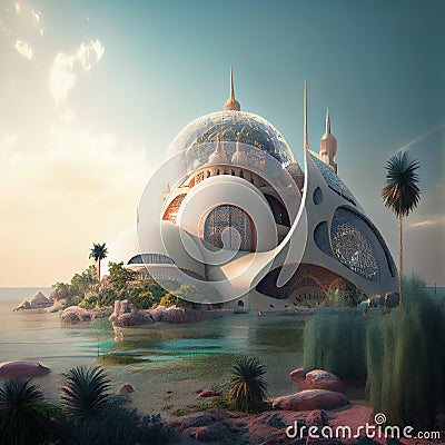 Futuristic mosque with blue sky, Generative Ai Stock Photo