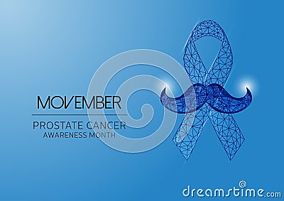 Futuristic Movember -prostate cancer awareness month with glowing low polygonal ribbon and mustaches Vector Illustration