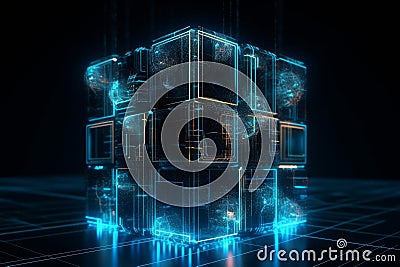 The Futuristic Multi-Dimensional Cube of Blockchain Tech: A Hyper-Detailed 8K Cartoo Stock Photo