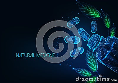 Futuristic natural medicine concept with glow low polygonal capsule pills, bottle and green leaves. Vector Illustration