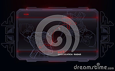 Futuristic navigate mapping technology dashboard GPS tracking map, showing movement and final destination on the streets of the Stock Photo