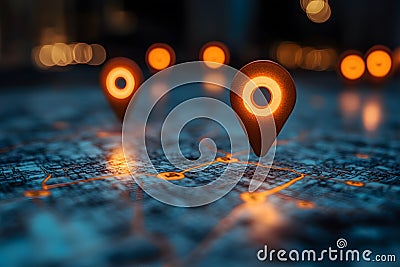 Futuristic Navigation and Location Pin Markers on Digital Map Design Generative AI Stock Photo