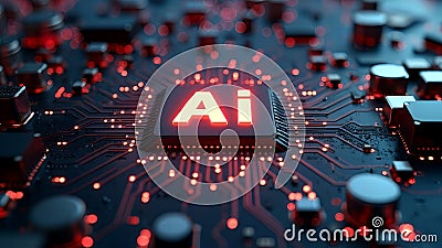Futuristic neon AI chip with thin circuit lines on abstract tech background semiconductor onboard Stock Photo