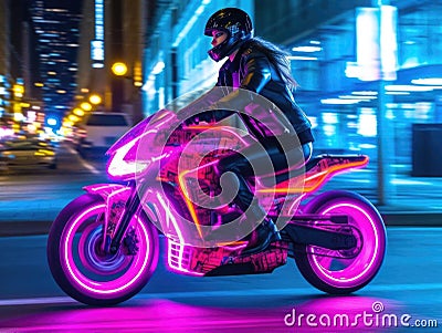 Futuristic neon bike with rider against cityscape Stock Photo