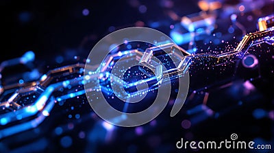 Futuristic neon blockchain network on dark hexagonal background with glowing particles Stock Photo