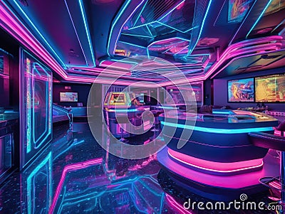Futuristic neon casino with holographic slot machines Stock Photo