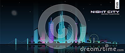 Futuristic neon cityscape illustration. Modern night city panorama with reflected light on water. Urban skyline with Vector Illustration