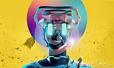 Futuristic Neon Cyber Human With Glowing Eyes Cartoon Illustration