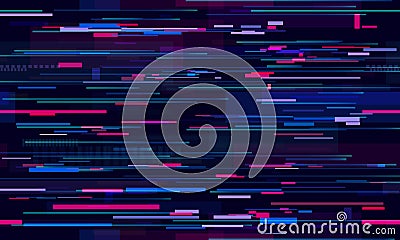 Futuristic neon glitch background. Glitched nightlife tech lines, street light motion and technology seamless pattern Vector Illustration