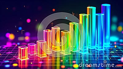 A futuristic, neon-glowing bar graph with a smooth upward trend, featuring transparent, multicolored columns representing data Stock Photo