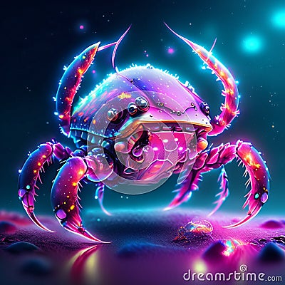 Futuristic neon illustration of a pink crab on a dark background generative AI Cartoon Illustration