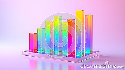 A futuristic, neon-lit bar graph with glowing, transparent, multicolored prisms floating on a digital grid, symbolizing data Stock Photo