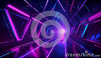 A futuristic neon-lit triangular tunnel with glowing lines and shapes creating a vibrant dynamic sci-fi atmosphere Stock Photo