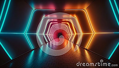 A Futuristic Neon-Lit Tunnel with Laser and Fluorescent Lighting, Generative AI Stock Photo