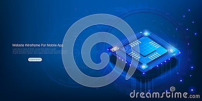 Futuristic neon microprocessor on blue background. Microchip for data exchange. Powerful computing processor of the future for Vector Illustration