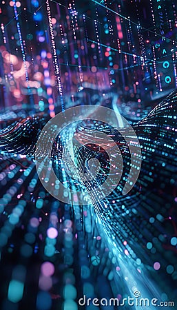 Futuristic neon network design with binary code in a complex, highly realistic web of connections Stock Photo