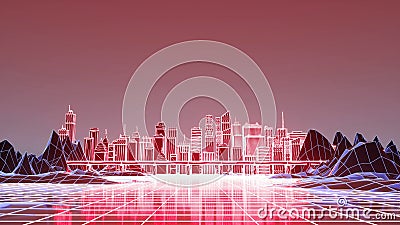 The futuristic neon night city, train traffic on the railway bridge. 3d illustration Cartoon Illustration