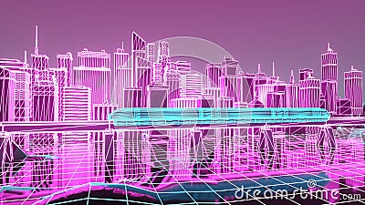 The futuristic neon night city, train traffic on the railway bridge. 3d illustration Cartoon Illustration