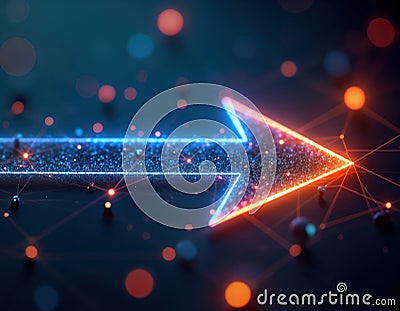 Futuristic network glow arrow. Tech arrow points forward. Abstract arrowhead lights network. Connection glowing. Cyber tech Stock Photo