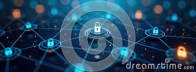 Futuristic network illustration shows secure connections data protection. Cybersecurity tech design. Abstract network system with Cartoon Illustration