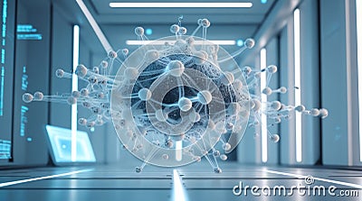 Futuristic Network Structure in a High-Tech Environment, Featuring Interconnected Nodes and Sph Stock Photo
