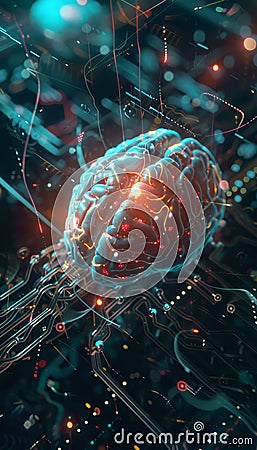 Futuristic neural interface a sleek fusion of brain and computer with iridescent sensors Stock Photo