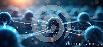 Futuristic neural network process. Complex network structure. Blue glowing tech. Connected nodes. Advanced computing process. Stock Photo