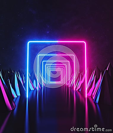 Futuristic night. bright Glowing pink and blue neon lights tunnel abstract background. 3d rendering Stock Photo
