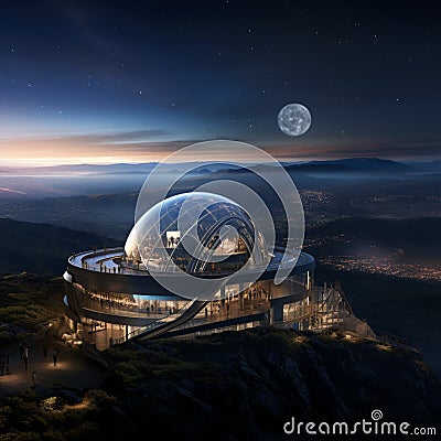 Futuristic Observatory Overlooking Otherworldly Landscape Stock Photo