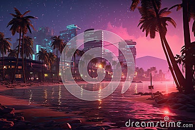 Futuristic Oceanside Twilight: A Cyberpunk Beach Scene AI Generated Stock Photo