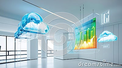 Futuristic office with AI driven cloud analytics, glowing graphs, and transparent data visuals creating modern workspace Stock Photo