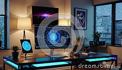 Futuristic Office with Dual Screens and Neon Lights Stock Photo