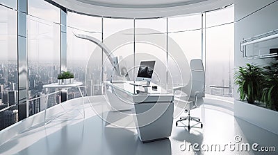A futuristic office, grey and white, sleek white desk, a potted green plant in the corner Stock Photo