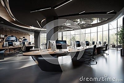 futuristic open office with digitally connected workspace and collaborative technology Stock Photo