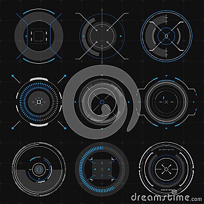 Futuristic optical aim, HUD compass, collimator sight, targets focus, military aim system, pointers, targets infographic elements Vector Illustration