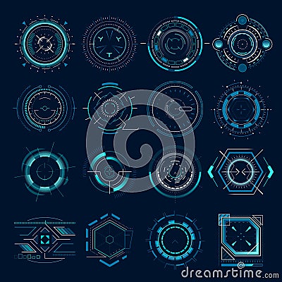 Futuristic optical aim. Military collimator sight, gun targets focus range indication. Sniper weapon target hud aiming Vector Illustration